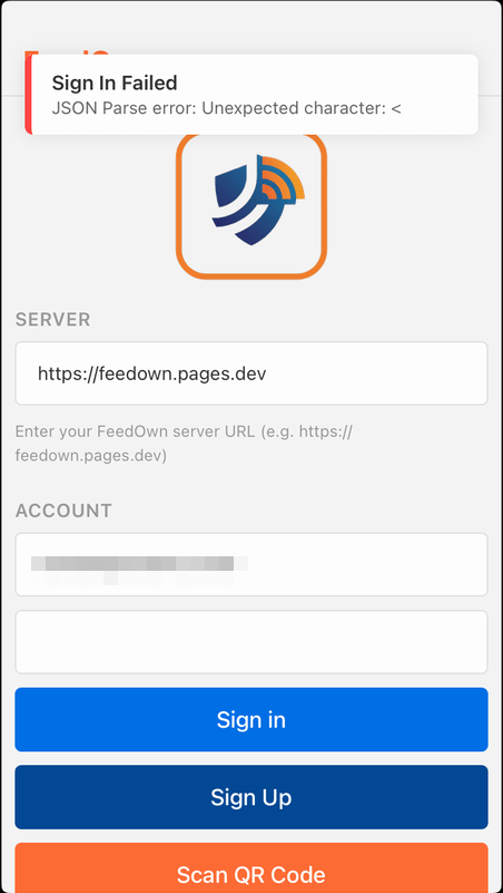 レビュアーのスクリーンショット: Sign In Failed — JSON Parse error: Unexpected character: `<`
