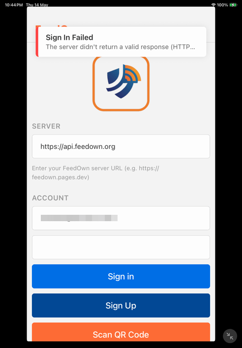api.feedown.org で Sign In Failed